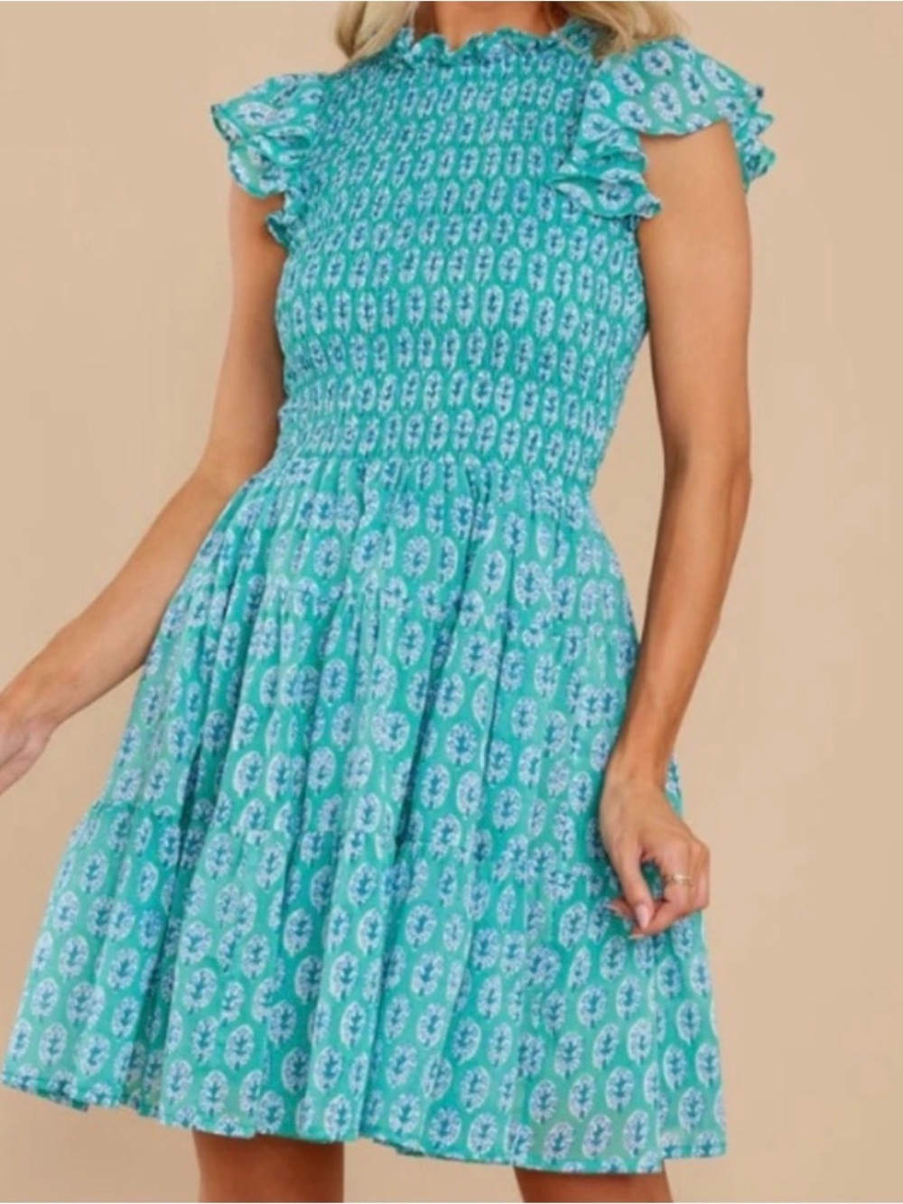 Oliphant Smocked Flirty Short Dress with Ruffle Sleeves Size M Lisbon Green